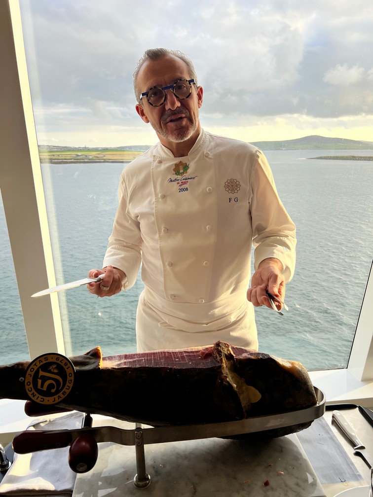 Chef Franck Garanger with Black Footed Iberico Jamon - Photo by Goldring Travel