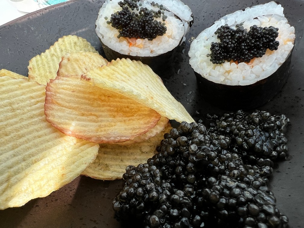 Caviar and Potato Chips on Silver Endeavour