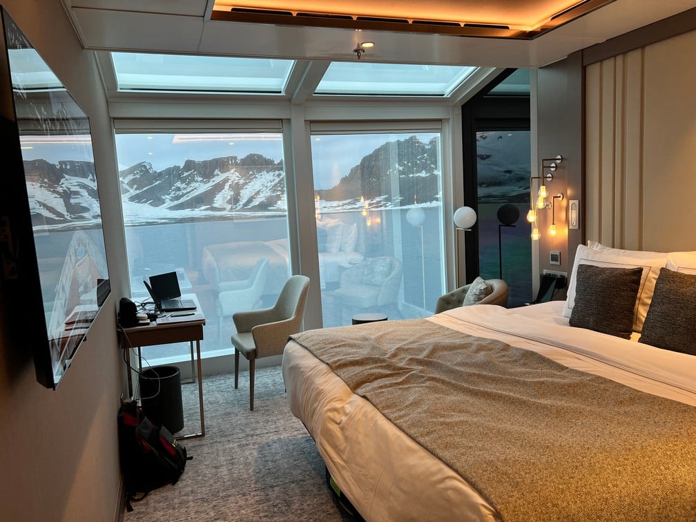 Silversea's Silver Endeavour Master Suite Bedroom. Check out the views!!!!