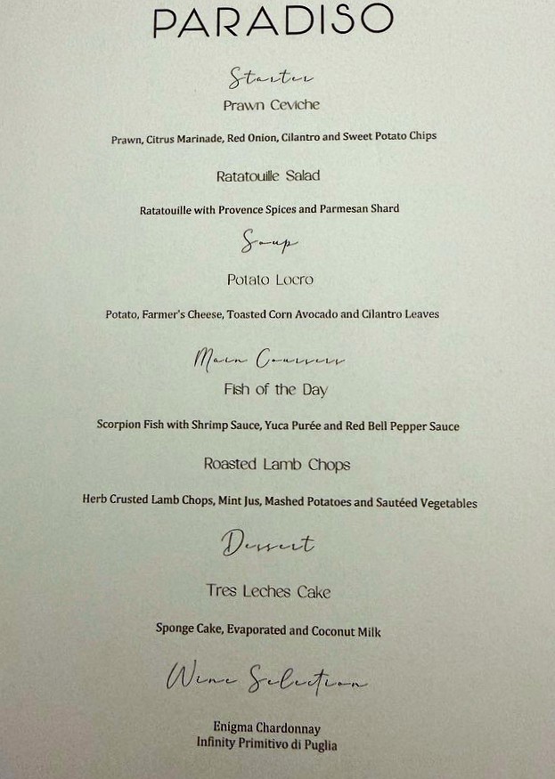 Typical Dinner Menu on MY Hermes