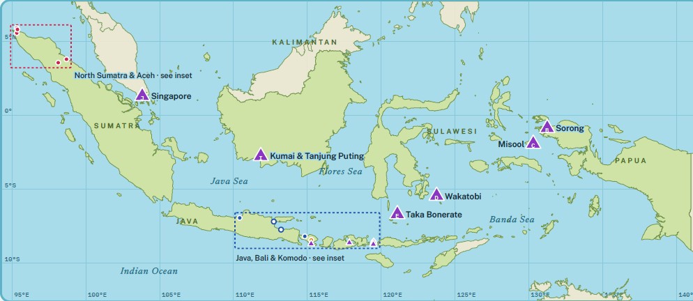 Indonesia with purple triangles noting this expedition